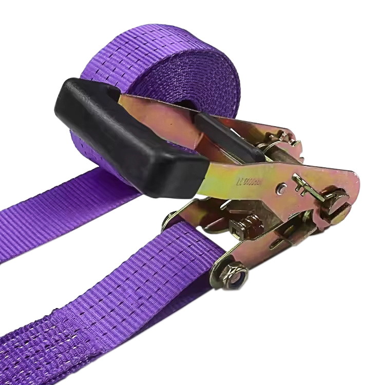 Sangle à cliquet avec poignée en caoutchouc violet, 38mm, 3t, avec crochets métalliques
