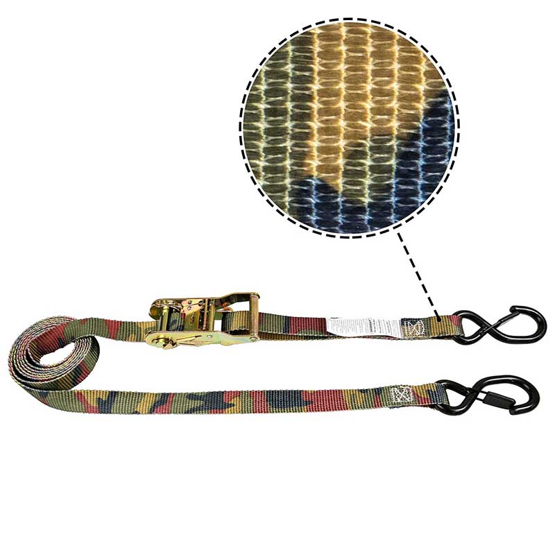 Sangle à cliquet avec poignée en fer camouflage, 1'' X 8', avec crochet en S et support recouverts de vinyle