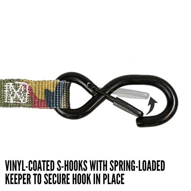Sangle à cliquet avec poignée en fer camouflage, 1'' X 8', avec crochet en S et support recouverts de vinyle